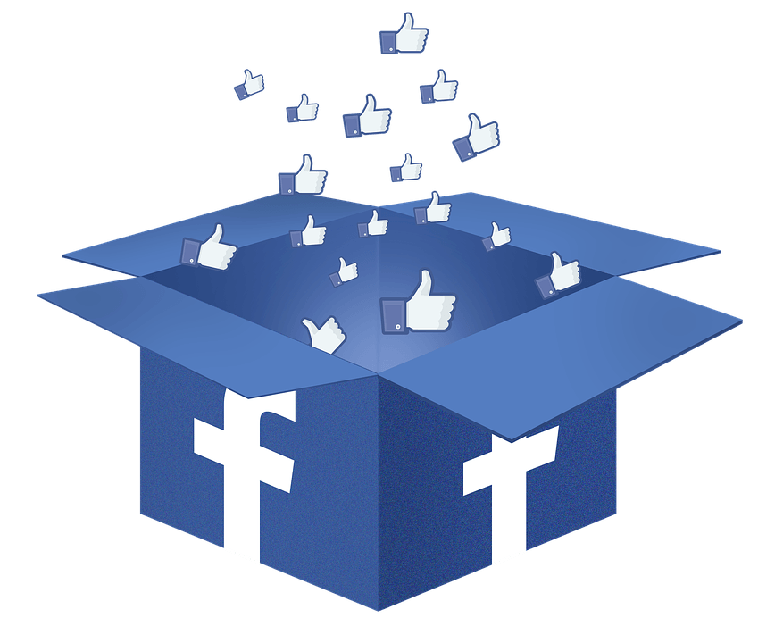 a box with a facebook logo and thumbs up coming out of it