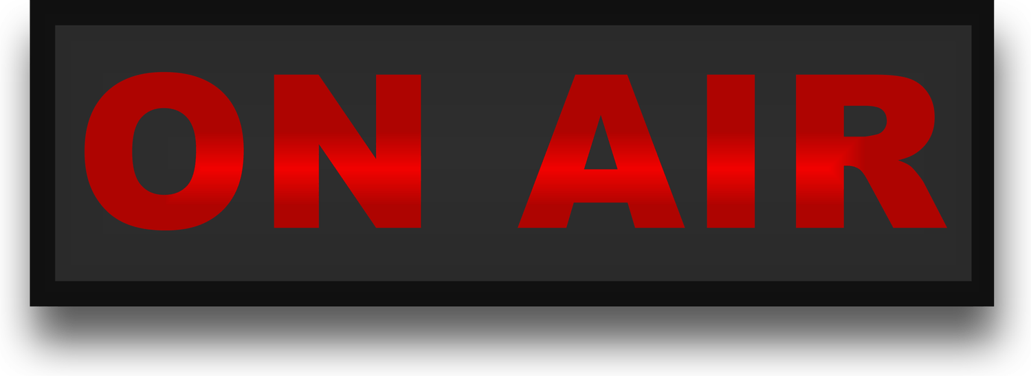 a sign that says `` on air '' in red letters on a black background .
