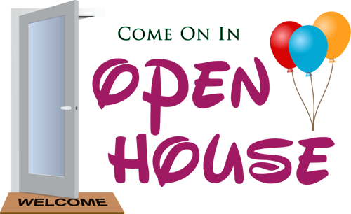 a sign that says come on in open house with balloons