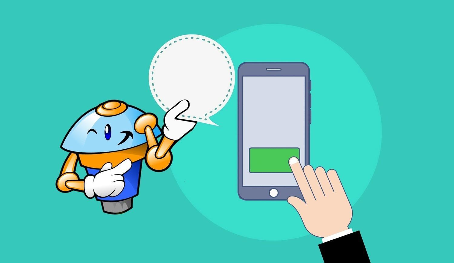 a hand is pointing at a cell phone next to a robot with a speech bubble .