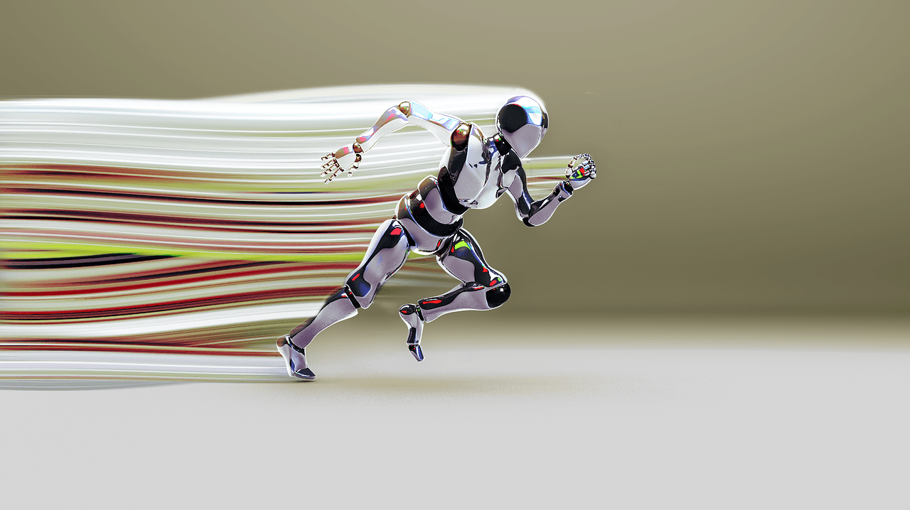 a robot is running fast on a white surface .