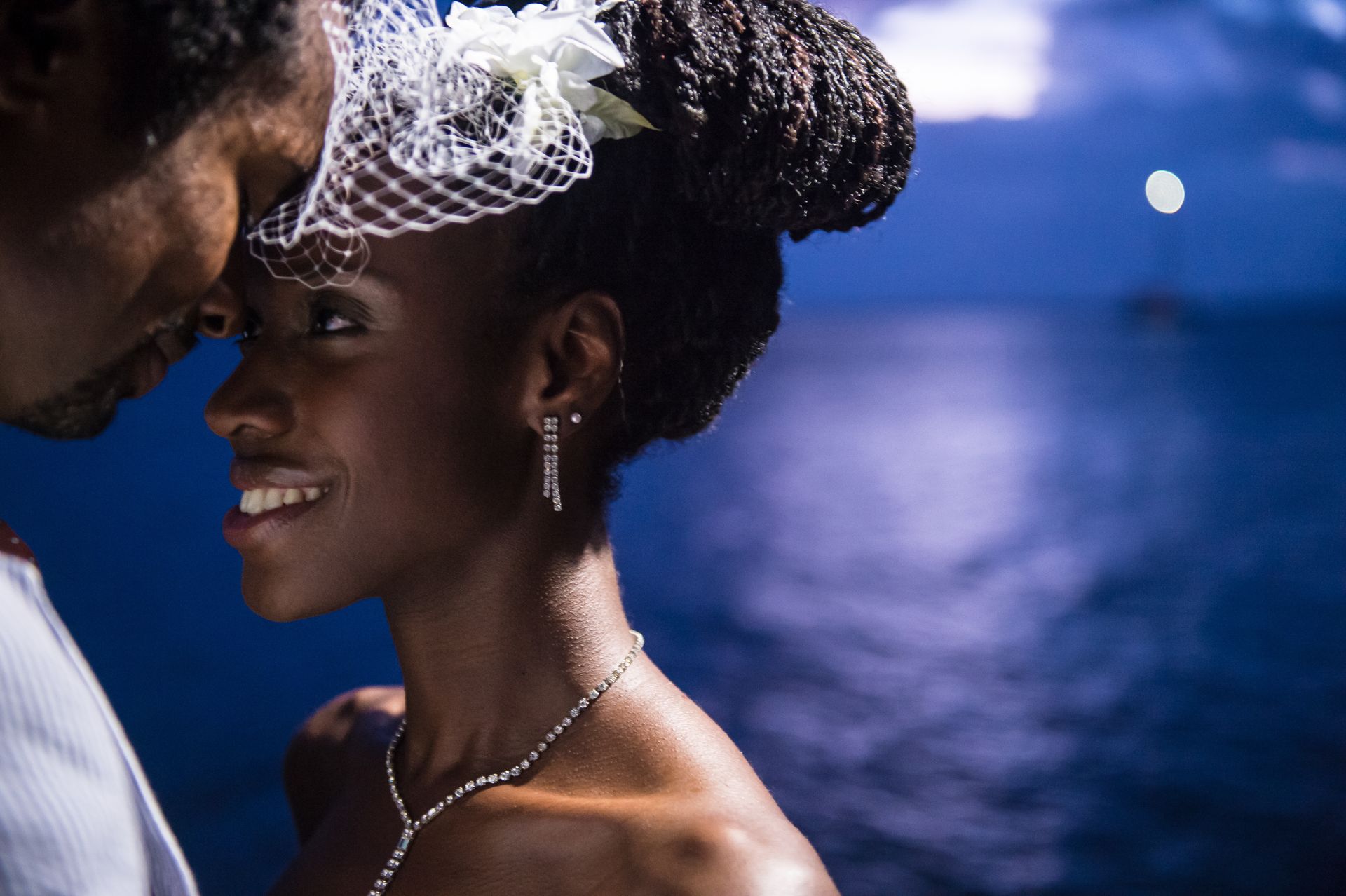Couple touching foreheads, smiling, evening seaside, moonlit sky. Bride wearing veil, jewelry.