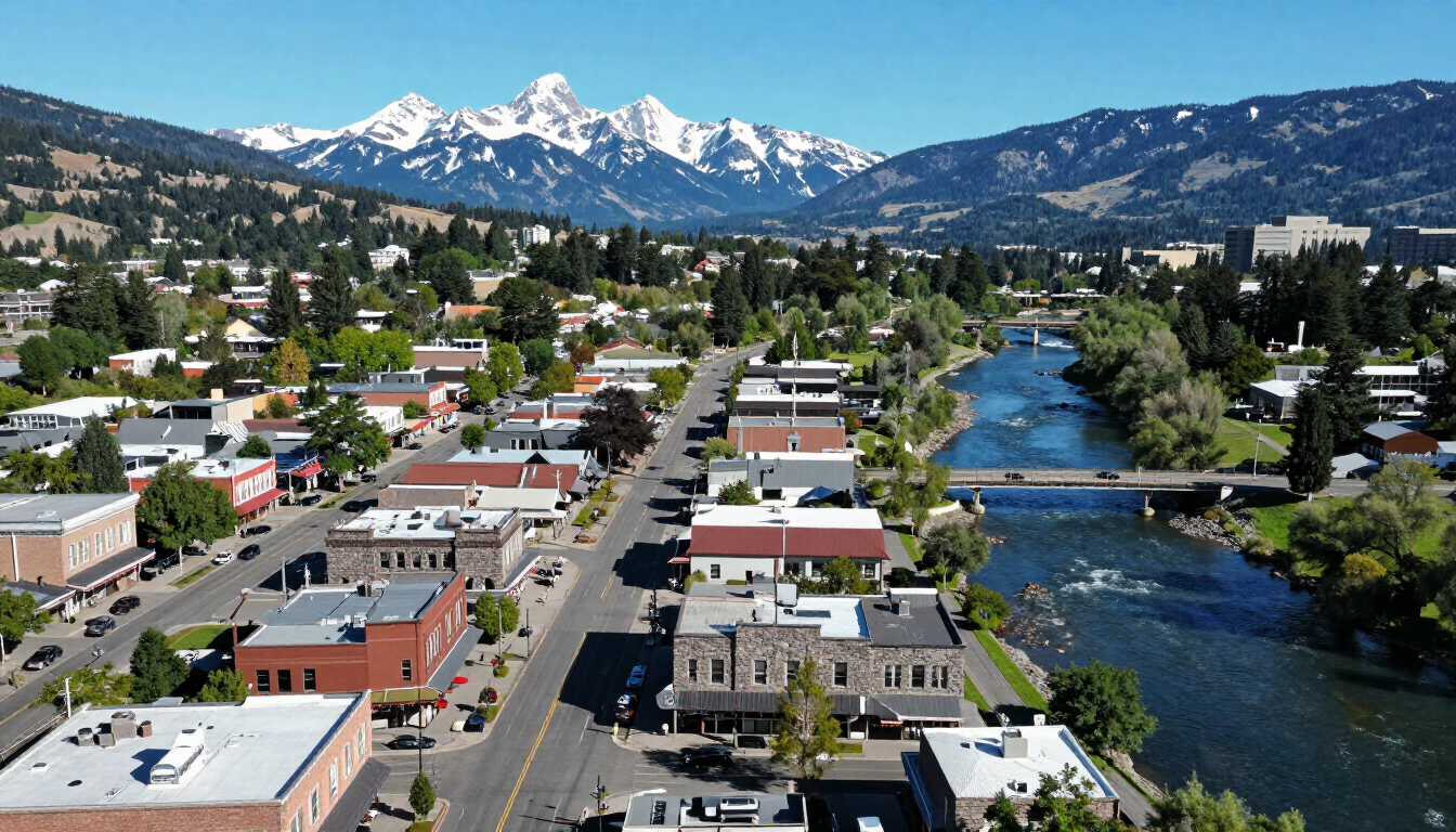 Downtown riverside town with a road, bridge, and snow-capped mountains in the background