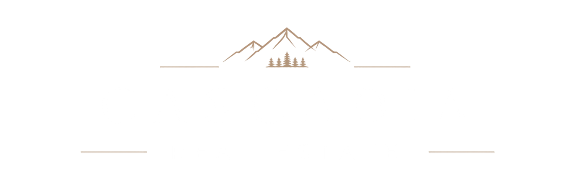 Minimal gold mountain logo with trees centered on a white background and thin horizontal lines on both sides