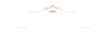 Minimal gold mountain logo with trees centered on a white background and thin horizontal lines on both sides