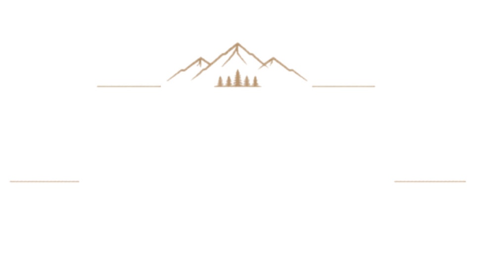 Minimal gold mountain logo with trees centered on a white background and thin horizontal lines on both sides