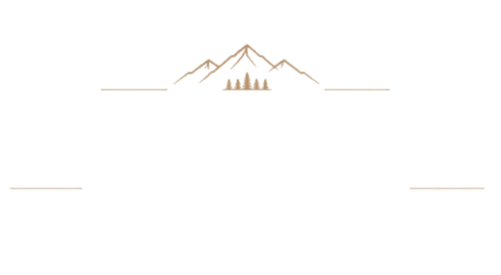 Minimal gold mountain logo with trees centered on a white background and thin horizontal lines on both sides