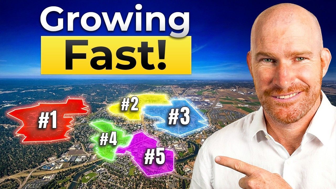 “Growing Fast!” YouTube thumbnail with numbered red, yellow, blue, green, and purple markers over a city map and a man pointing.