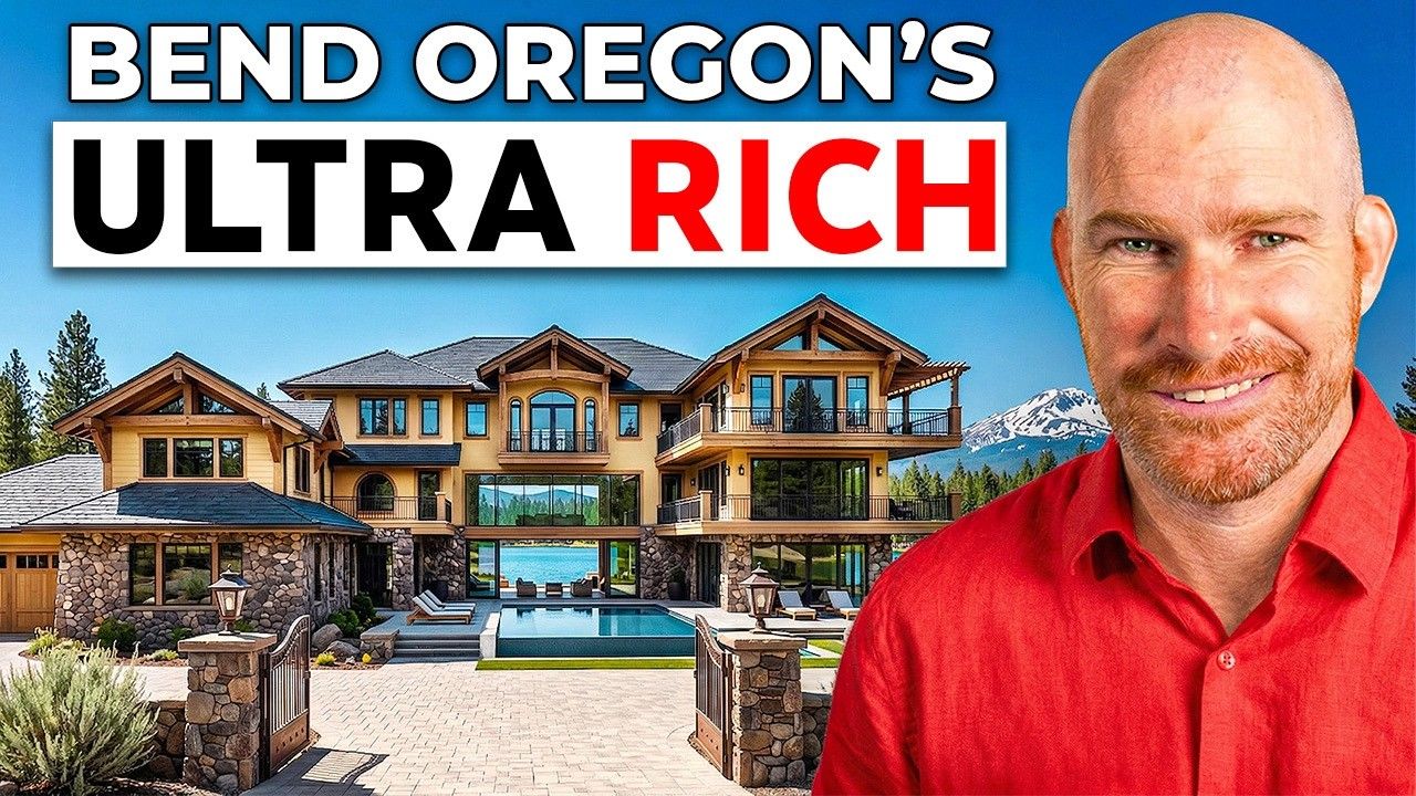 Bend, Oregon luxury mansion with a smiling bald man in a red shirt and bold “ULTRA RICH” text