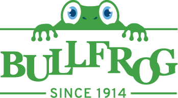 A green frog is peeking over a sign that says bullfrog since 1914.