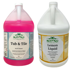 Two bottles of bullfrog tub and tile and lemon liquid