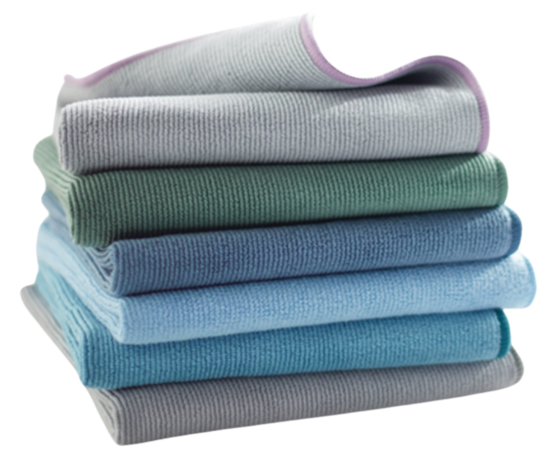 A stack of towels of different colors are stacked on top of each other.