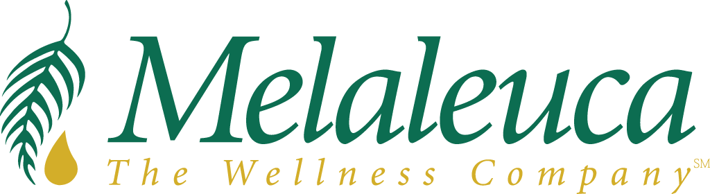 The logo for melaleuca the wellness company has a palm leaf and a drop of oil.