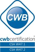 Logo de certification CWB avec icône circulaire bleue et texte faisant référence aux normes CSA W47.1 et CSA W47.2.
