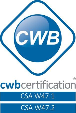Logo de certification CWB avec icône circulaire bleue et texte faisant référence aux normes CSA W47.1 et CSA W47.2.