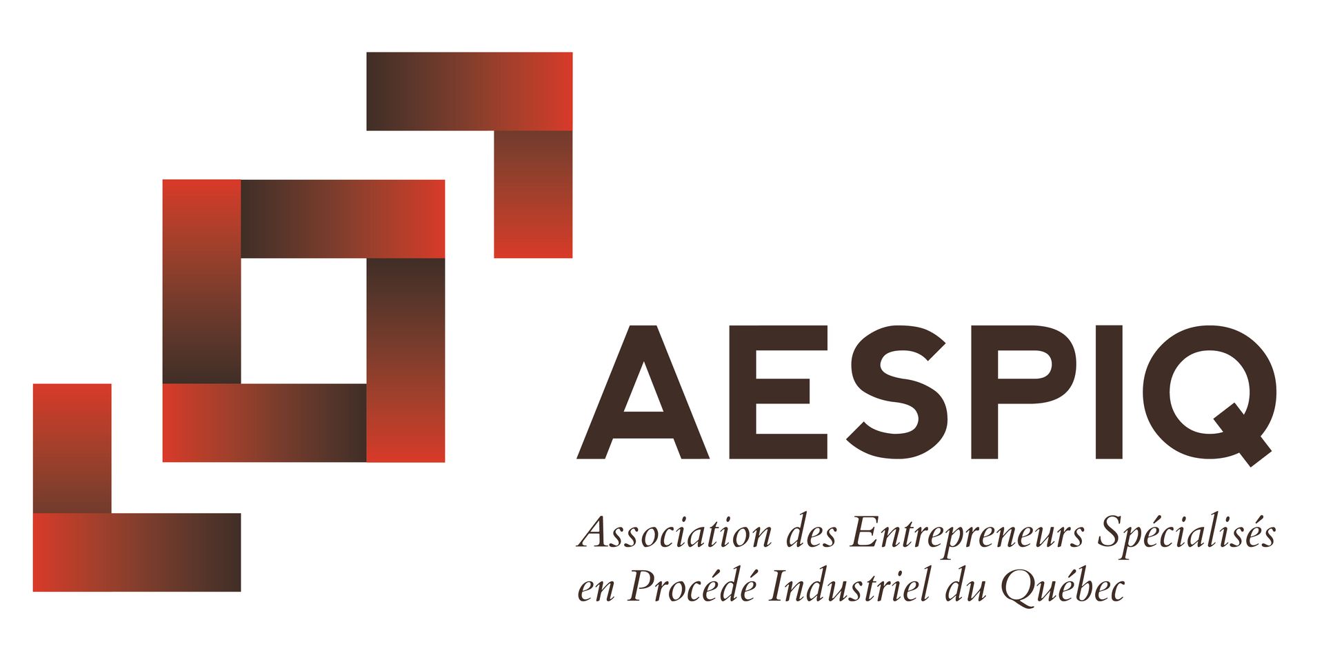 Logo pour AESPIQ, présentant une icône géométrique carrée abstraite, allant du rouge au brun, à côté du nom et du titre complet de l'organisation.