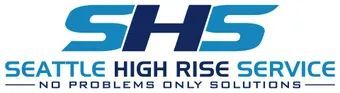 Logo for Seattle High Rise Service.  "SHS" in blue and teal text over "Seattle High Rise Service".  "No problems only solutions".