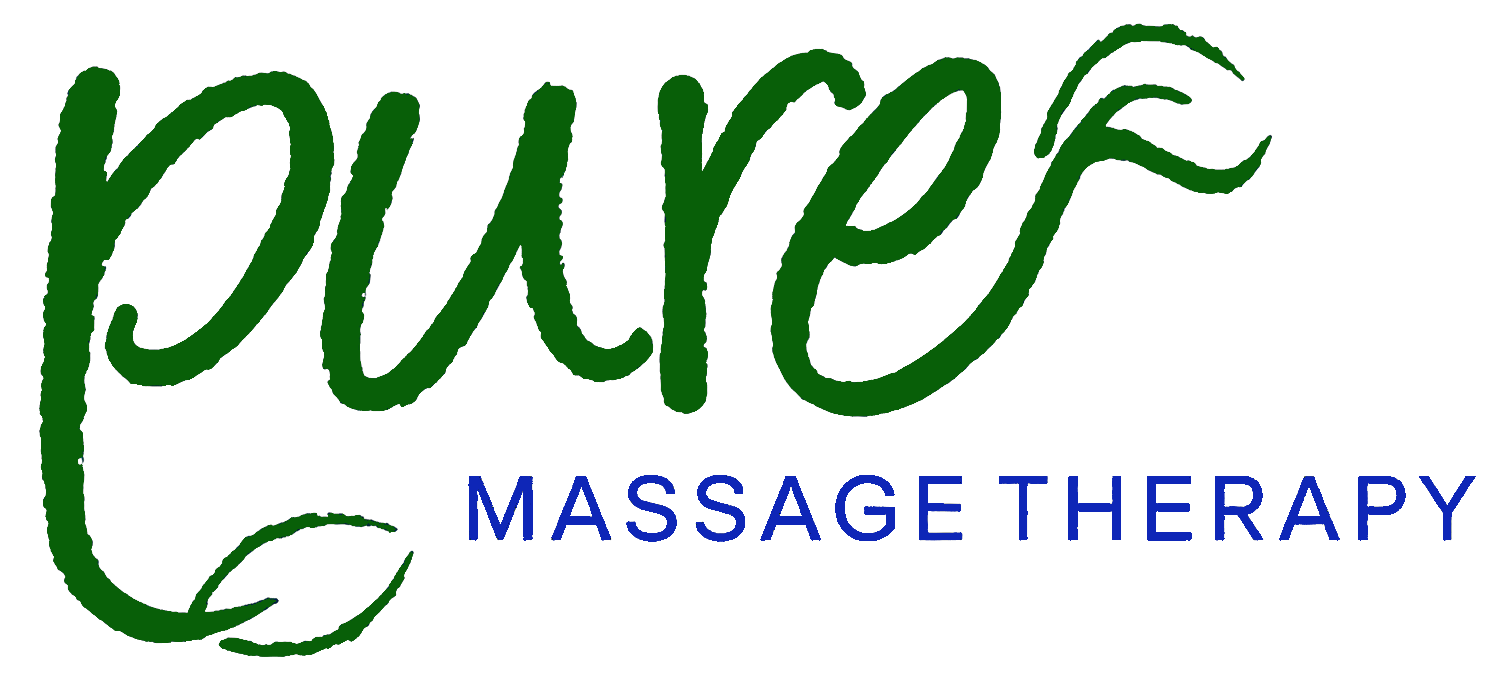 Pure Massage Therapy logo in green and blue script on a white background