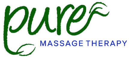 Pure Massage Therapy logo in green and blue script on a white background