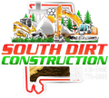 South Dirt Construction logo with excavators, bulldozer, trucks, trees, and red-green text on white background