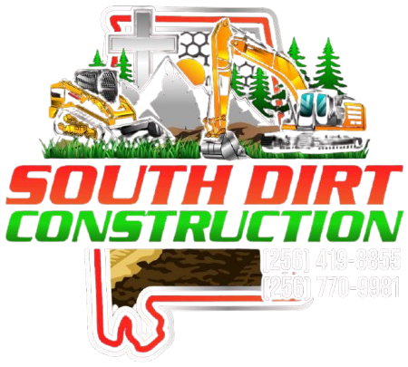 South Dirt Construction logo with excavators, bulldozer, trucks, trees, and red-green text on white background