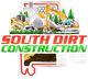 South Dirt Construction logo with excavators, bulldozer, trucks, trees, and red-green text on white background