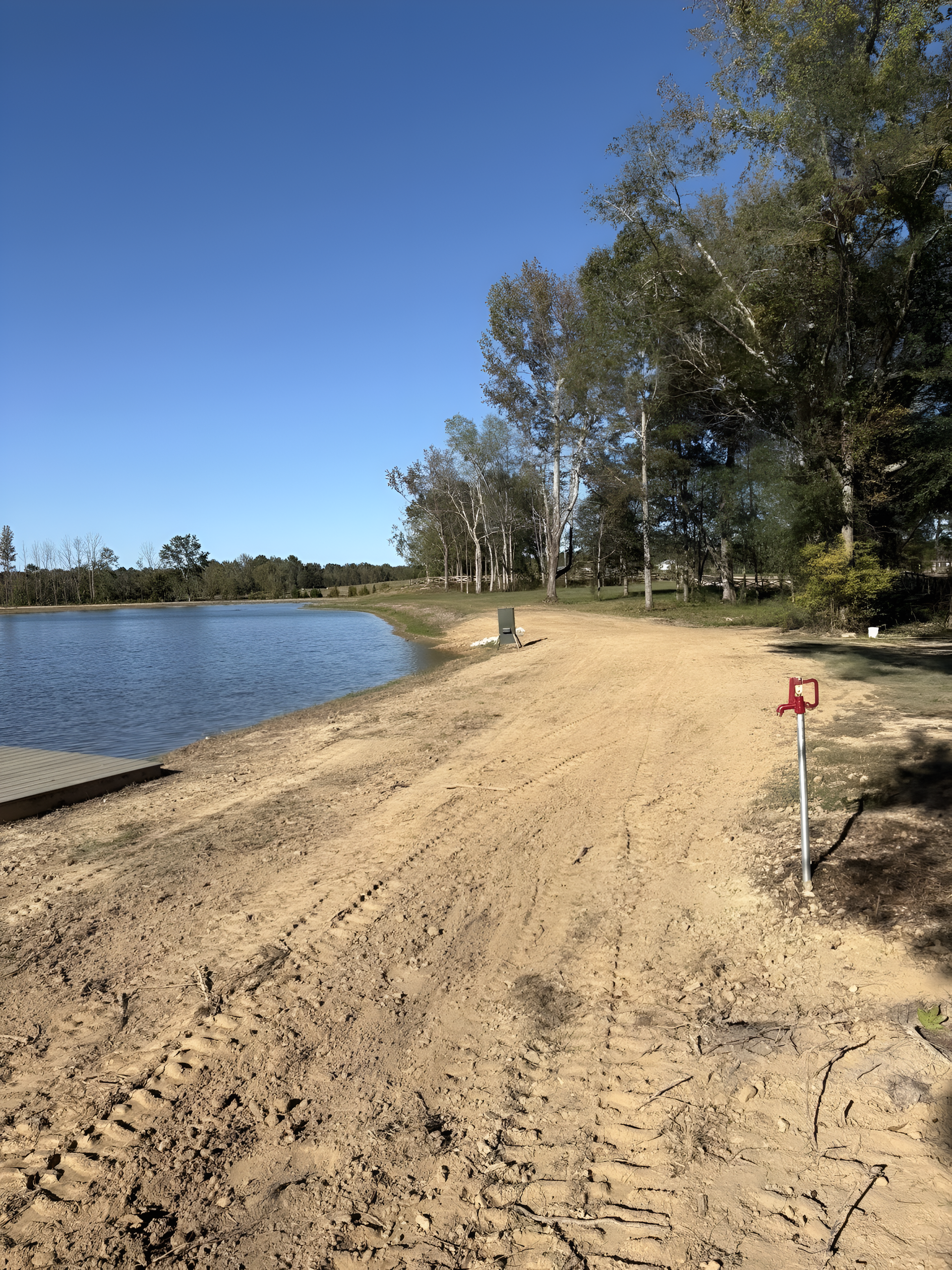 Sandy trail beside a calm lake under a clear blue sky, with trees lining the shore.