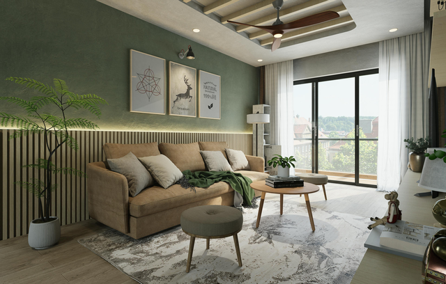 Una sala de estar moderna con un sofá color canela, una pared decorativa verde, una pared revestida de madera