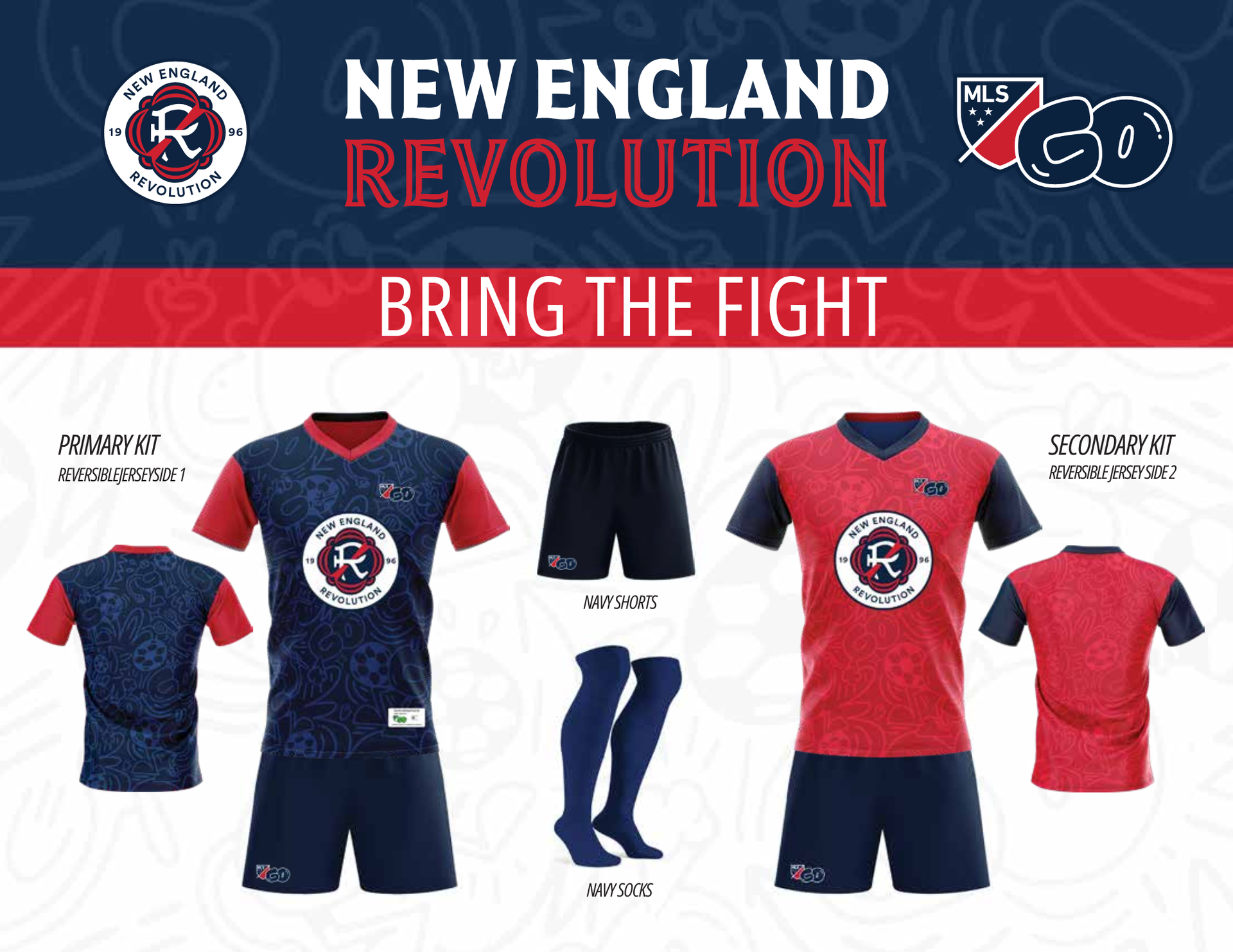 New England Revolution soccer team kit graphic. Jersey and shorts in blue and red. “Bring the Fight” slogan.