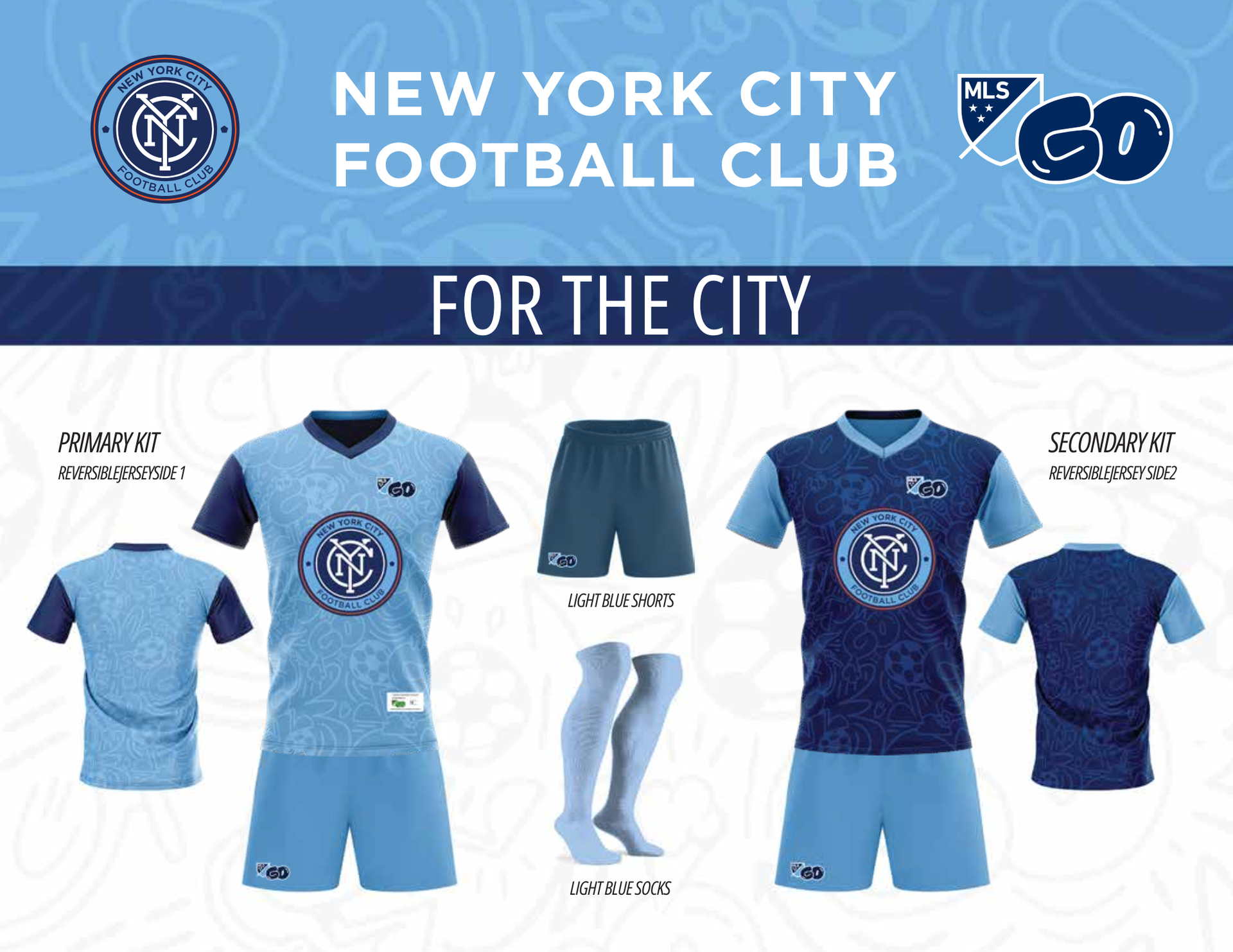 New York City Football Club kit reveal: jerseys, shorts, and socks in light and dark blue with team logos.