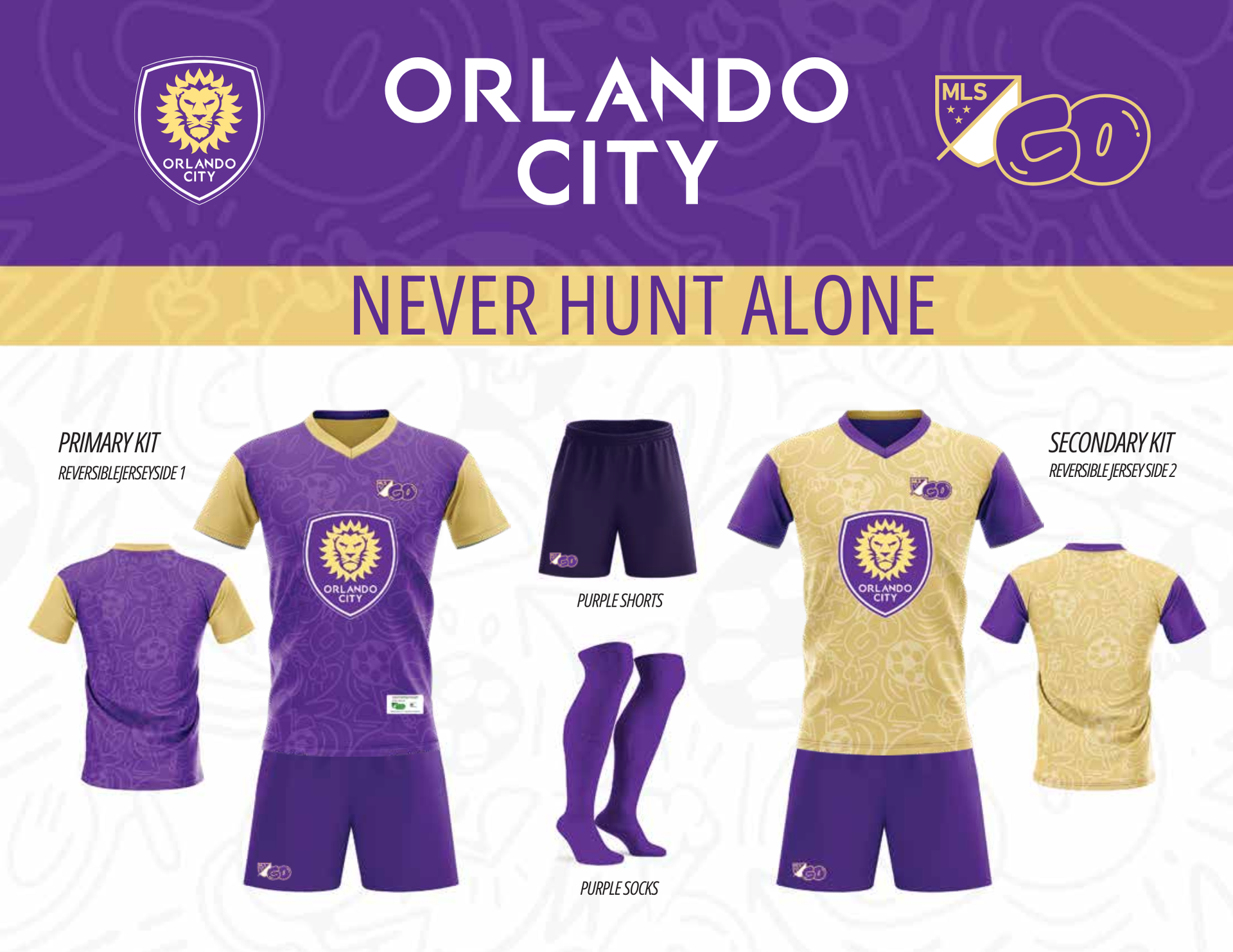 Orlando City soccer jersey designs: purple and gold home and away kits, with text