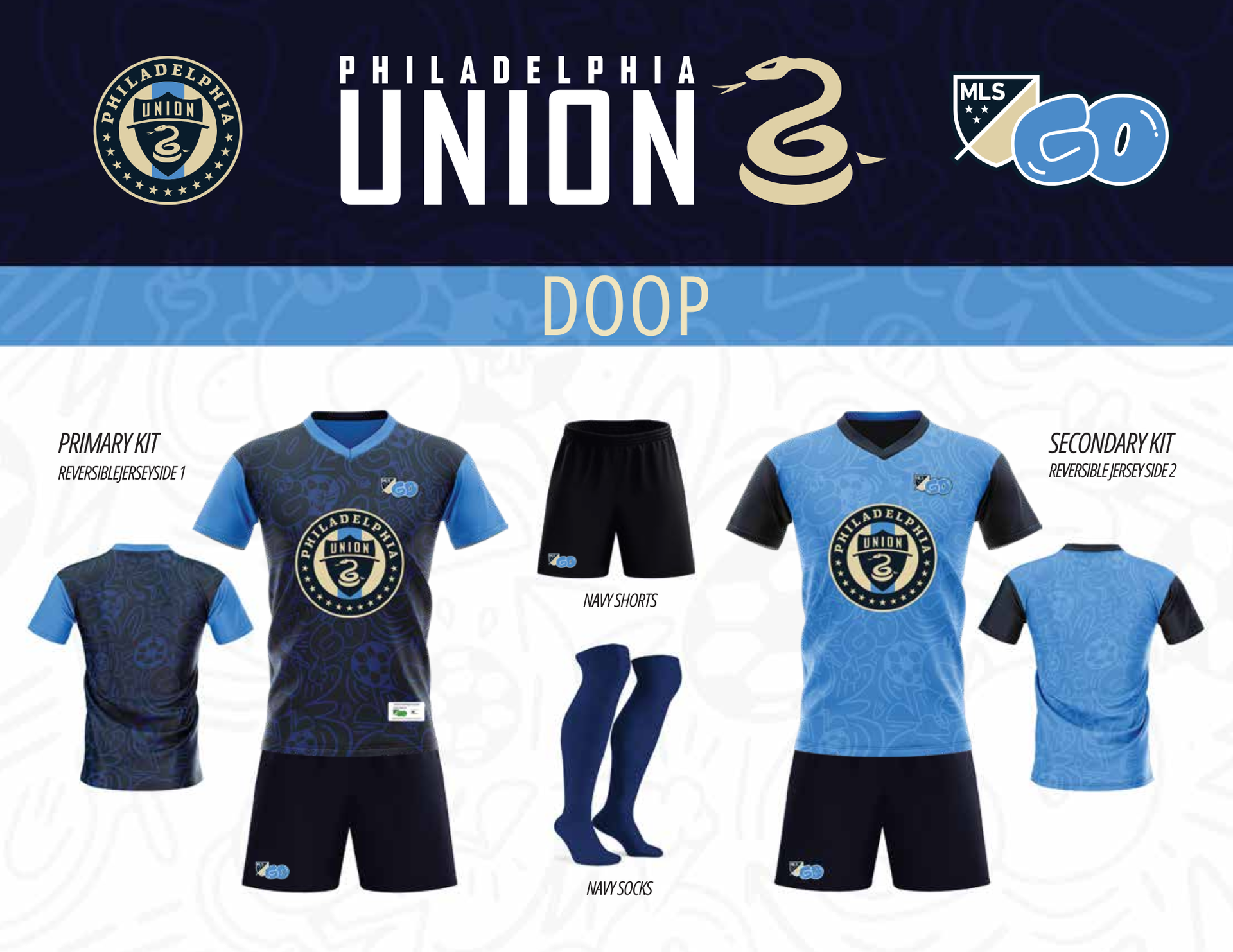 Philadelphia Union soccer kit mockups: blue jerseys, black shorts, navy socks. Team logo,