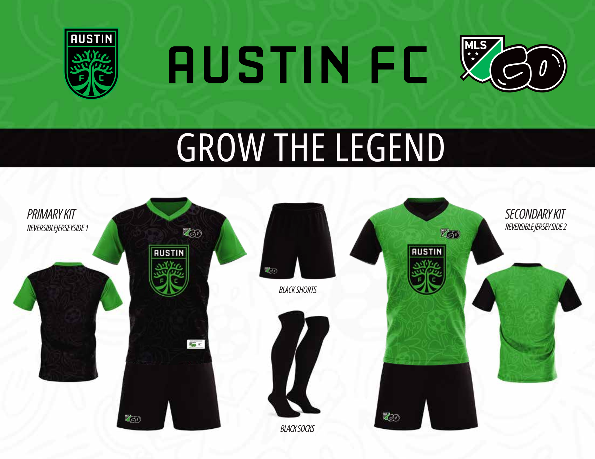 Austin FC soccer kit: black & green jerseys, shorts, socks;