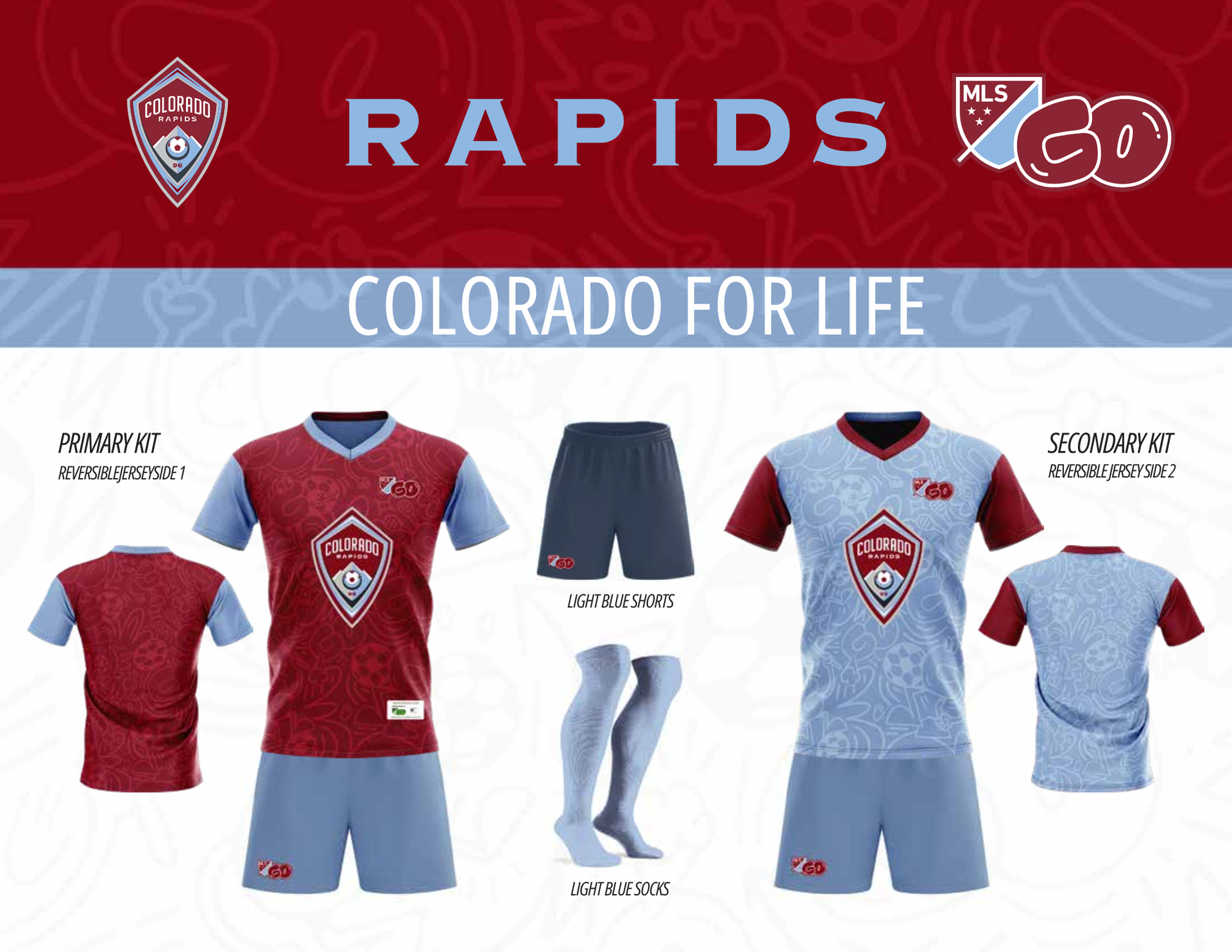 Colorado Rapids soccer kit display: Red and blue jerseys, shorts, socks, and logo.