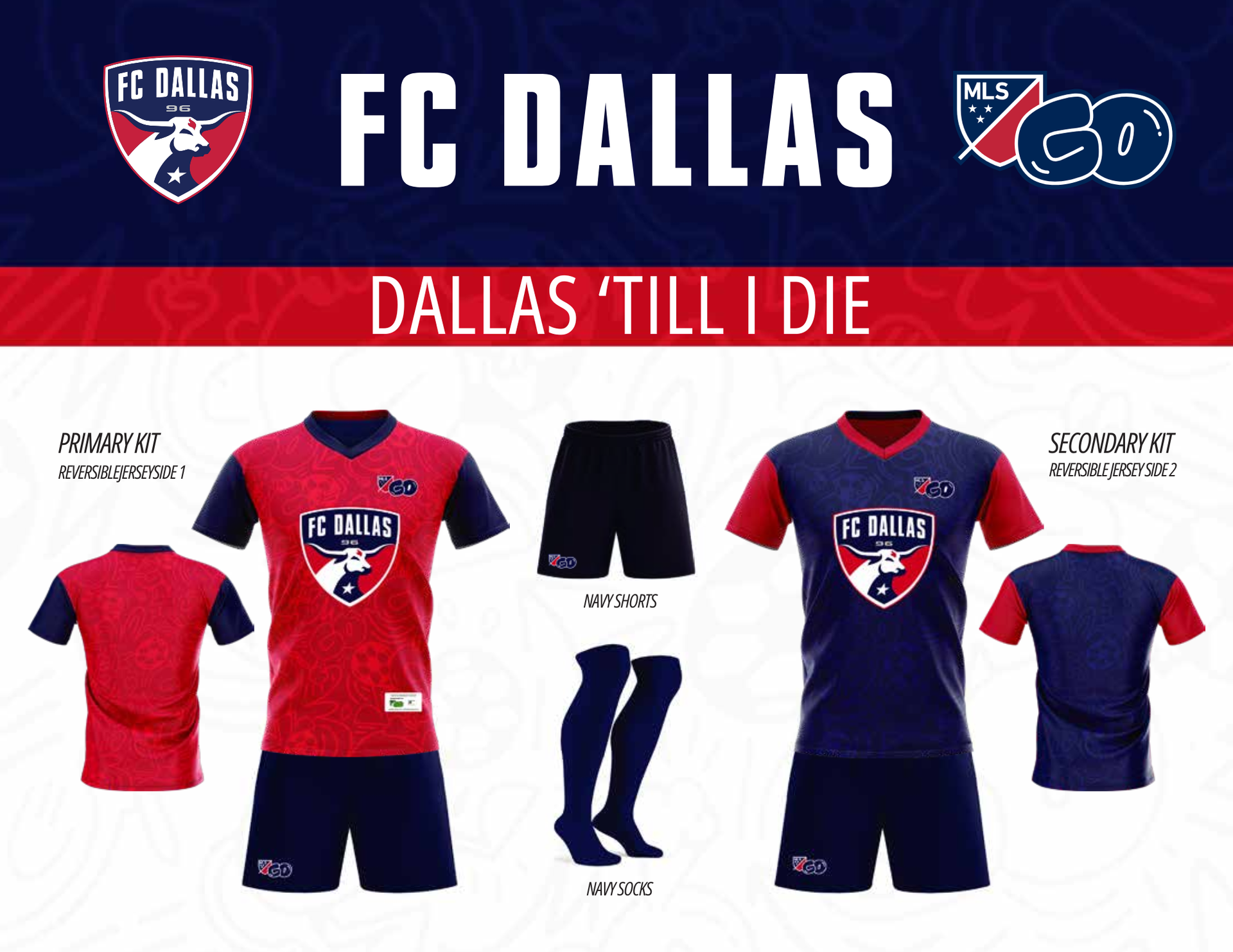 FC Dallas soccer kits in red and blue, with shorts, socks, and team logo, and text