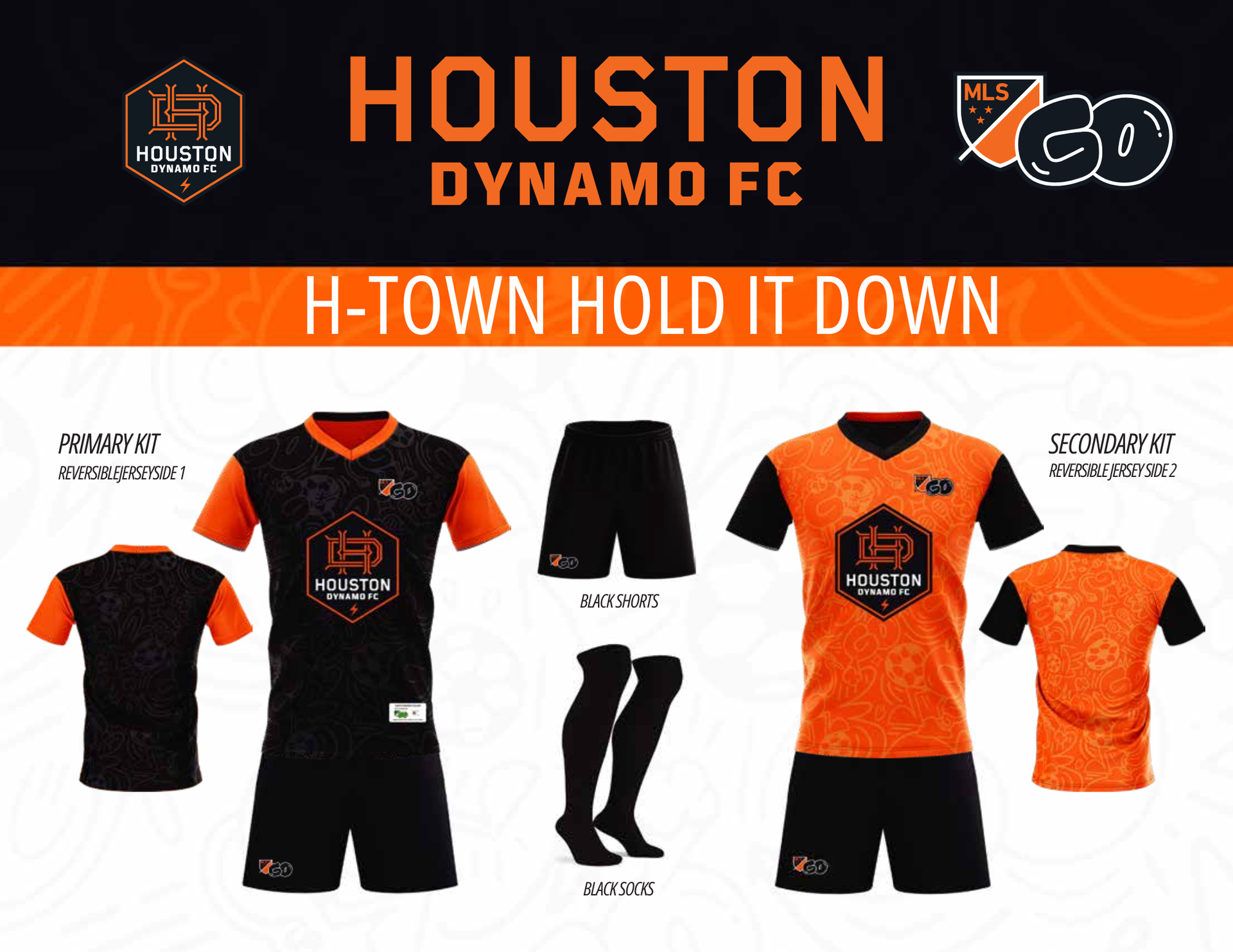 Houston Dynamo FC soccer uniform design options: black/orange, orange/black. Jerseys, shorts, and socks displayed.