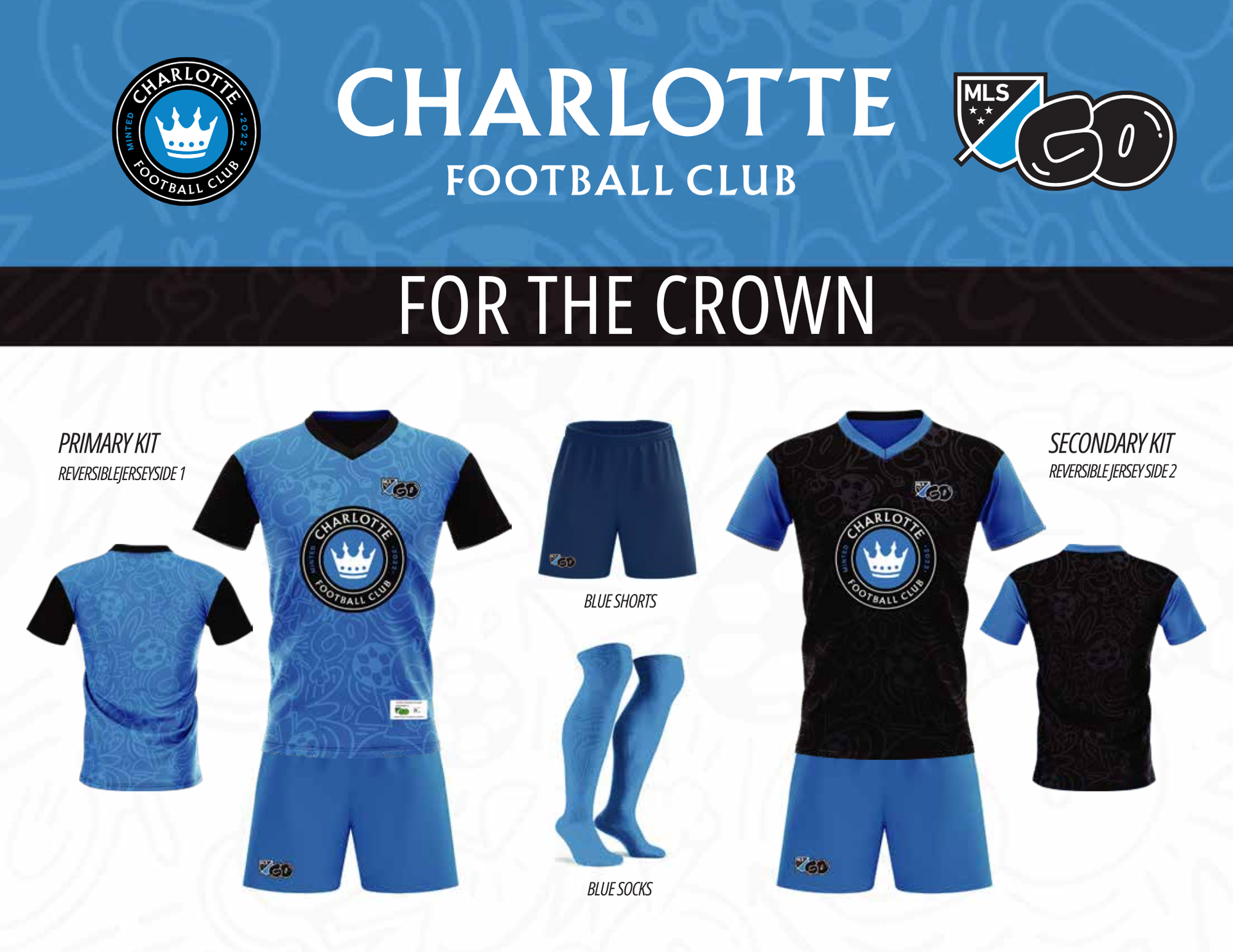 Charlotte FC soccer jersey options: blue and black with crown logo, shorts, socks.
