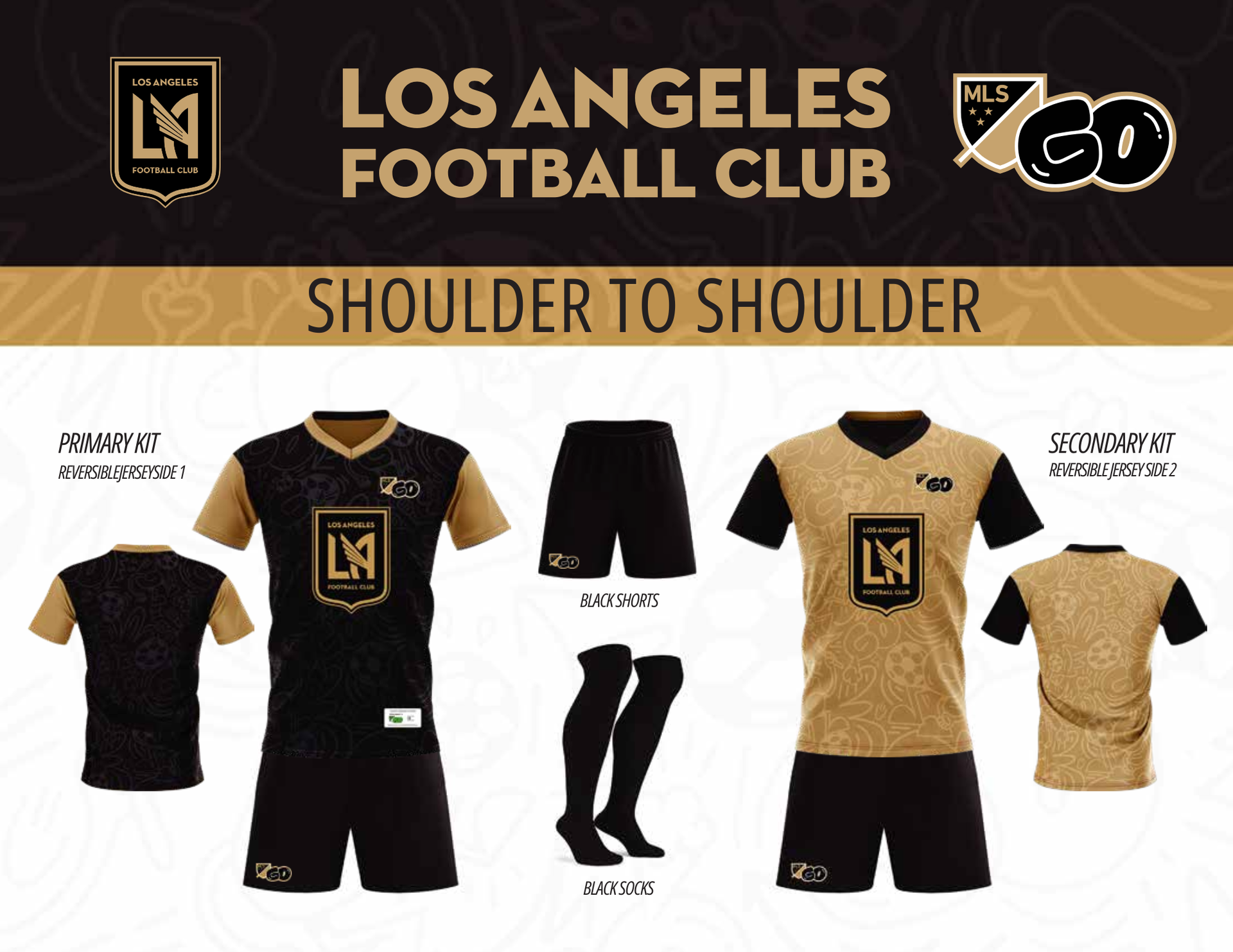 Los Angeles Football Club jersey design showcasing black and gold uniforms with the team crest, shorts, and socks.