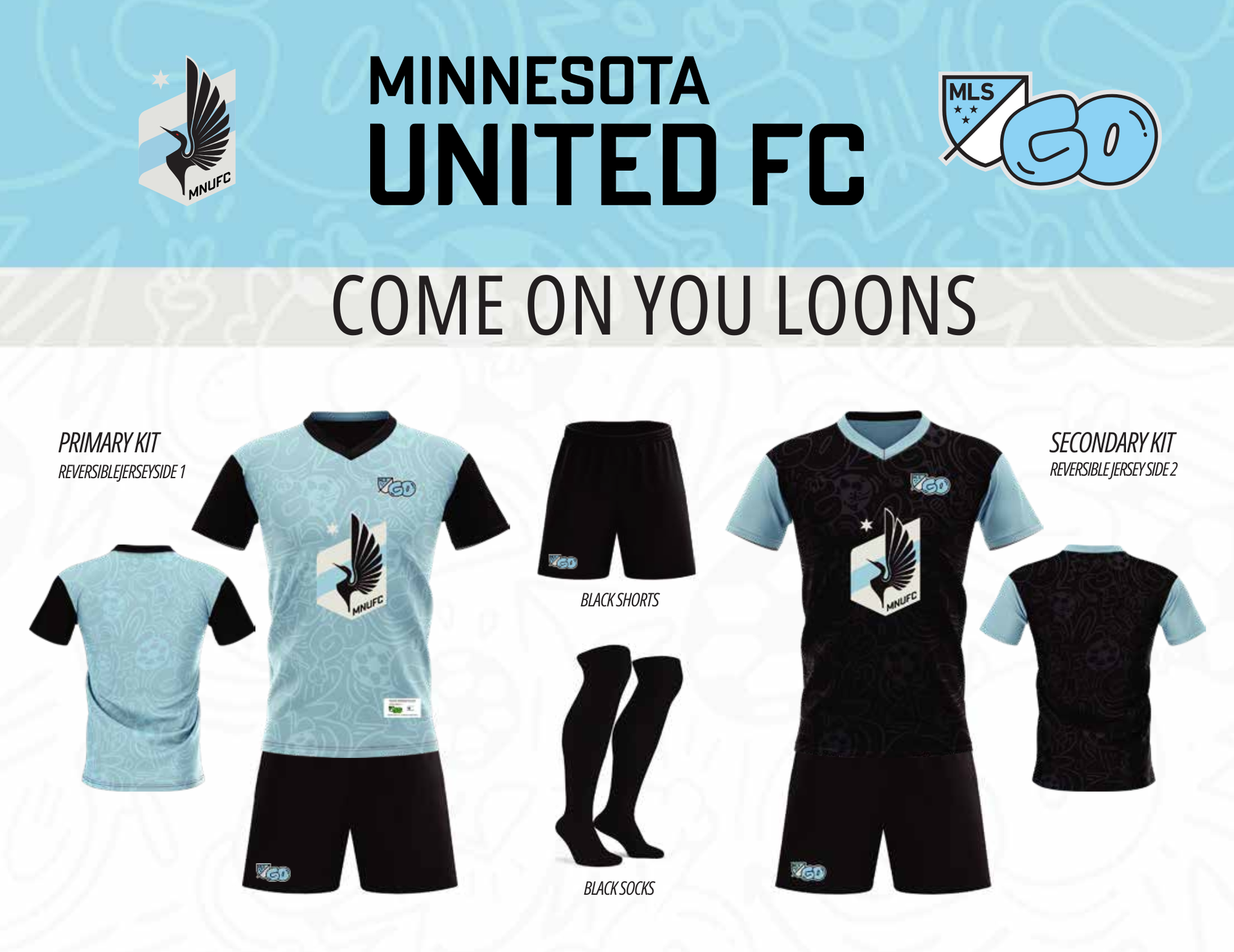 Minnesota United FC kit promotion. Light blue and black jerseys, shorts, socks with team logo.