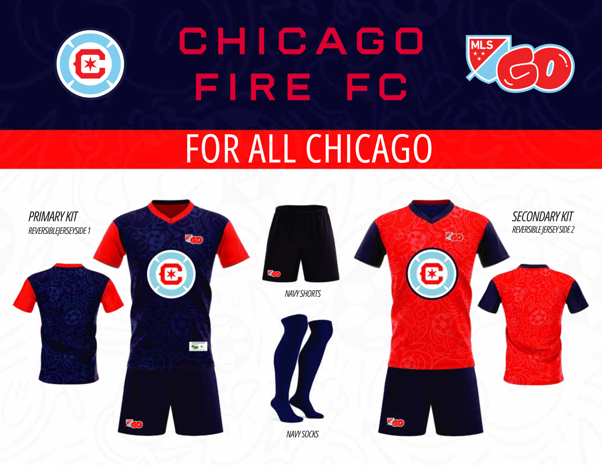 Chicago Fire FC soccer kits: navy & red jerseys, shorts, socks, and logos.