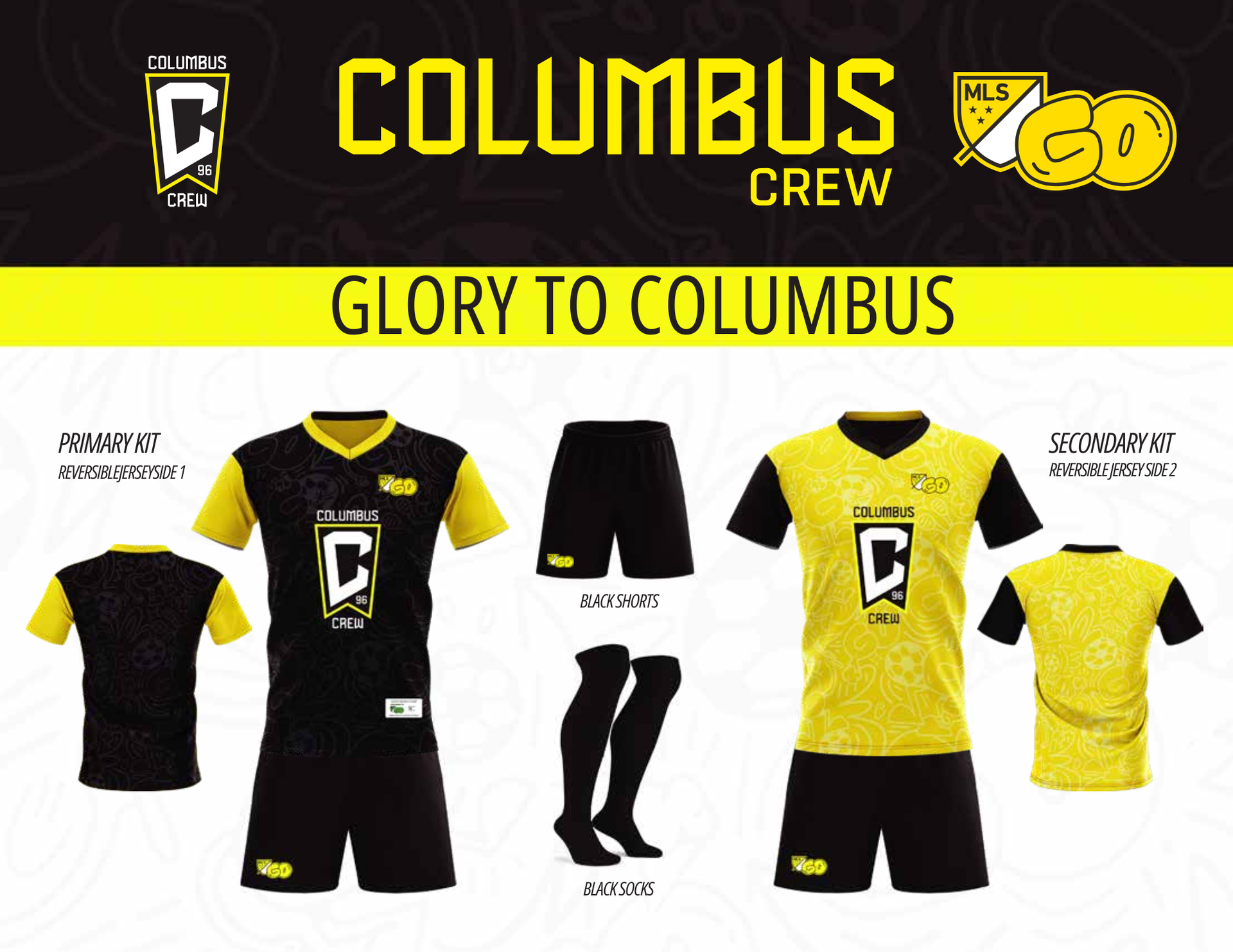 Columbus Crew soccer jerseys: black and yellow home and away kits with the team logo.