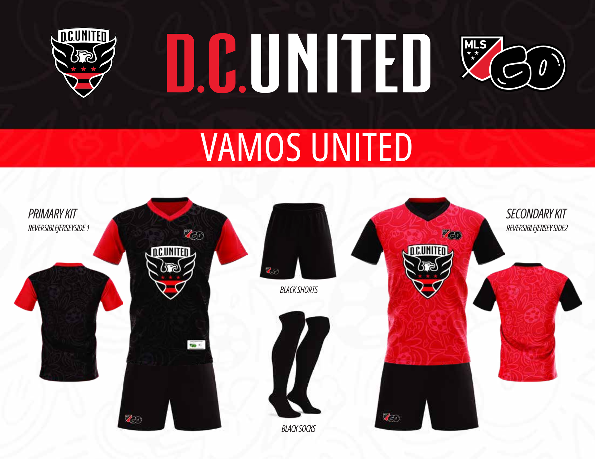 D.C. United soccer kit. Black and red jersey designs, black shorts, and socks. Team logo and MLS emblem.