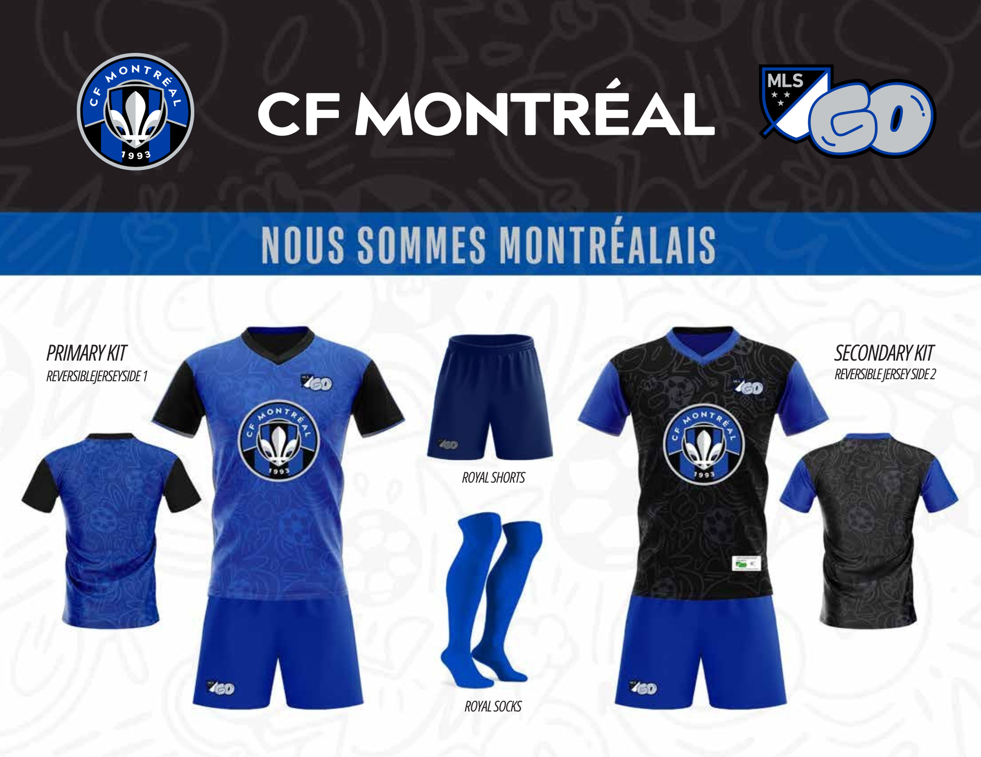 CF Montréal soccer kit display with blue and black jerseys, shorts, and socks. Logo at the top.