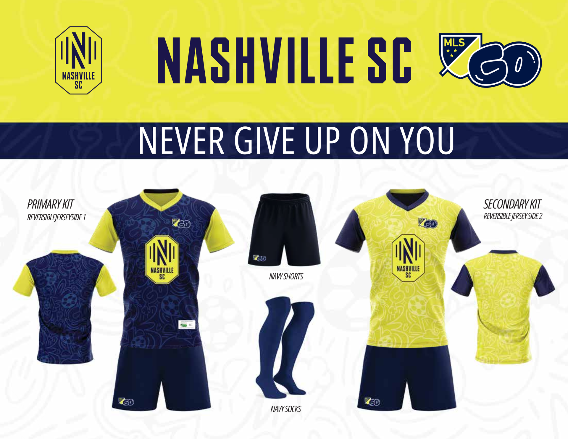 Nashville SC soccer kits: navy and yellow jerseys, shorts, socks with team logo.