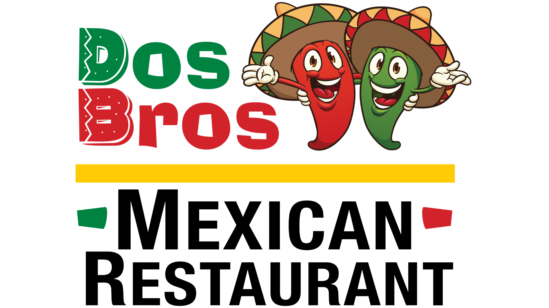 Dos Bros Mexican Restaurant logo. Two smiling chili peppers wearing sombreros. Black text on white background.