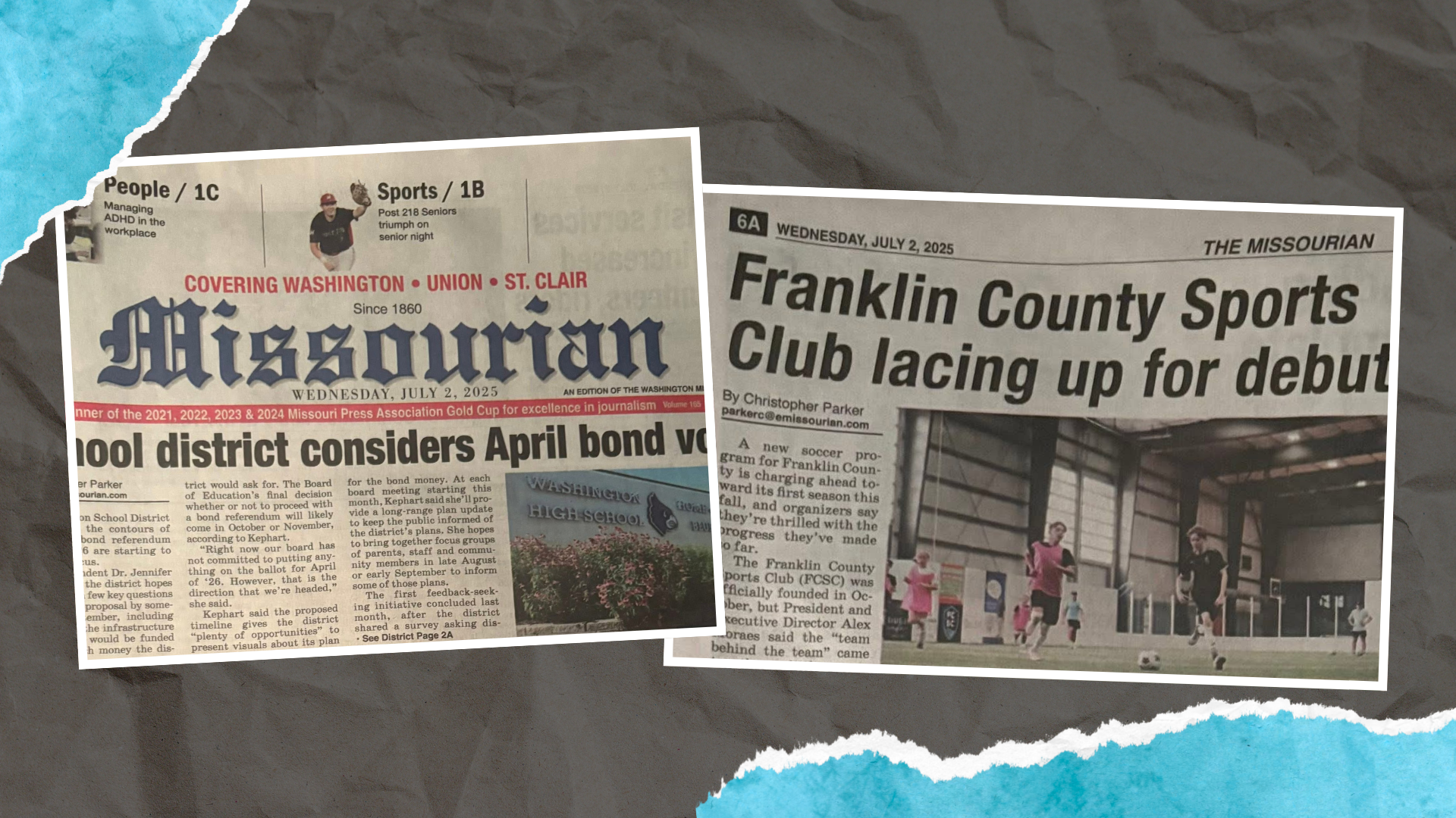 Two vintage newspaper front pages: 