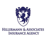 Dark blue logo of Hillermann & Associates Insurance Agency: a rearing horse within a crest-shaped emblem, text below.
