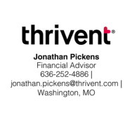 Thrivent business card: Jonathan Pickens, Financial Advisor, contact information, Washington, MO.