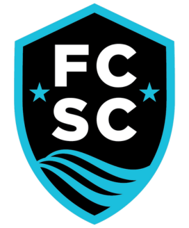 FC SC soccer team logo: Black shield with white "FC SC" and blue stars, waves, and border.