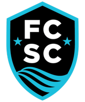 FC SC soccer team logo: Black shield with white "FC SC" and blue stars, waves, and border.